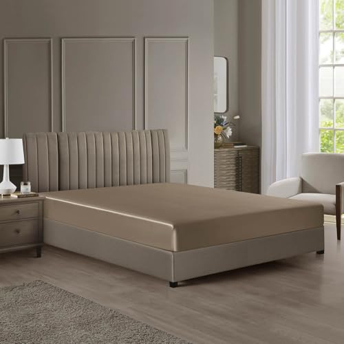 DISANGNI 22 Momme Spannbetttuch, 100 % Maulbeerseide, Güteklasse 6A, Oeko-Tex-zertifiziert, 1 Stück luxuriöses weiches Seide-Spannbetttuch, tiefe Tasche (Taupe, 180 x 200 + 30 cm) von DISANGNI
