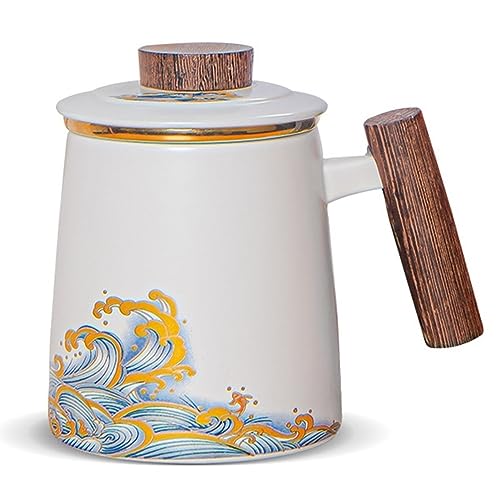 DISDADA Teetasse mit Deckel und Sieb, Große Keramik Teebecher, Losen Tee Oder Beutel tasse mit Sieb Henkel, für liefern Familie Freunde Geschenk (Plain White Waves) von DISDADA