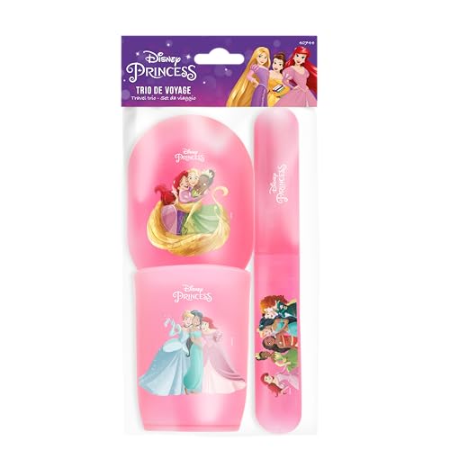 DISNEY Princesses Trio Becher Reise – Zahnbürstenetui, Becher, Seifenschale – robuster Kunststoff – praktisches Design – Zubehör für das Badezimmer für Kinder – offizielles Produkt Disney von Disney