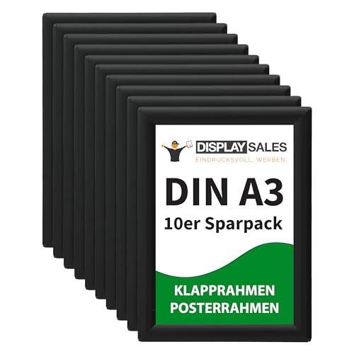 DISPLAY SALES Klapprahmen DIN A3 | 10 Stück | 25 mm Profil | Plakatrahmen in schwarz | Posterrahmen, Bilderrahmen aufklappbar im Sparpack | Wechselrahmen Budget von DISPLAY SALES