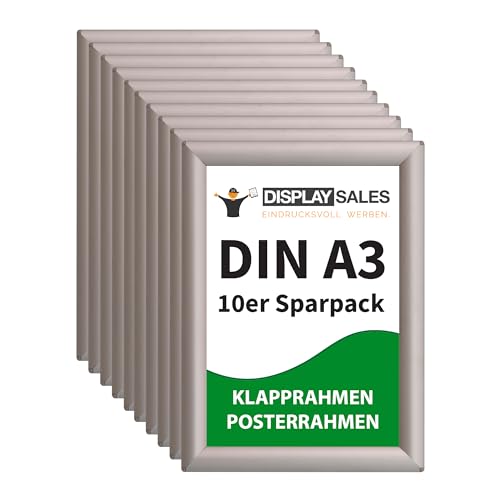 DISPLAY SALES Klapprahmen DIN A3 | 10 Stück | 25 mm Profil | Plakatrahmen in silber | Posterrahmen, Bilderrahmen aufklappbar im Sparpack | Wechselrahmen Budget von DISPLAY SALES