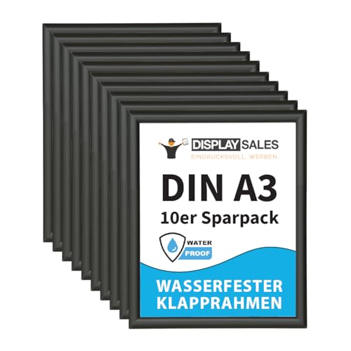 DISPLAY SALES Wasserfeste Klapprahmen im DIN A3 Format | 10 Stück | OUTDOOR Bilderrahmen wetterfest | Premium A3 Plakatrahmen | Bilderrahmen aufklappbar für den Außeneinsatz | Klapprahmen A3 von DISPLAY SALES