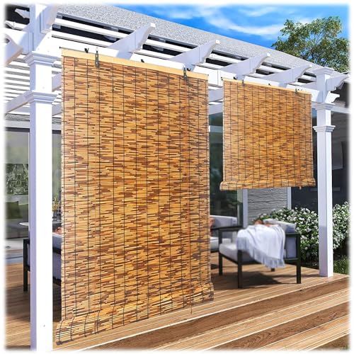 Bambusrollo Sonnenschutz Braun 80% Blickdicht Wasserdicht Outdoor Seitenzugrollo Gardine für Garten Terrasse Pavillon Veranda Balkon Fensterrollo von DISPRA