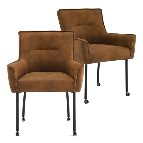 DITAIX 2er Industrielle Esszimmerstühle Mikroleder: Esszimmerstuhl mit Rollen & Metallgestell - Robuste 150kg Tragkraft für Wohnzimmer Schlafzimmer und Küche (Brown, 2er) von DITAIX