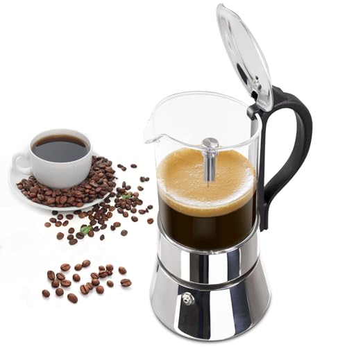 DITOSH 4 Tasse Glas Transparent Moka Pot Edelstahl Uncoated Stovetop Espresso Maker Italienische Kaffeemaschinen Mocha Greca Maschine Cafe Classic Induktionskocher für Zuhause Camping 220ml DITOSH 4 Tasse Glas Transparent Moka Pot Edelstahl Uncoated Stovetop Espresso Maker Italienische Kaffeemaschinen Mocha Greca Maschine Cafe Classic Induktionskocher für Zuhause Camping 220ml von DITOSH