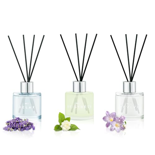 Raumduft Diffuser 3 x 50ml Mit 12 Duftstäbchen,Lavendel Geranie/Jasmin Weißer Tee/Freesie,Natürlich, Langanhaltend,Home Duft Reed Diffusor Lufterfrischer für Schlafzimmer Büro Badezimmer Regal Dekor von DIUFJAG