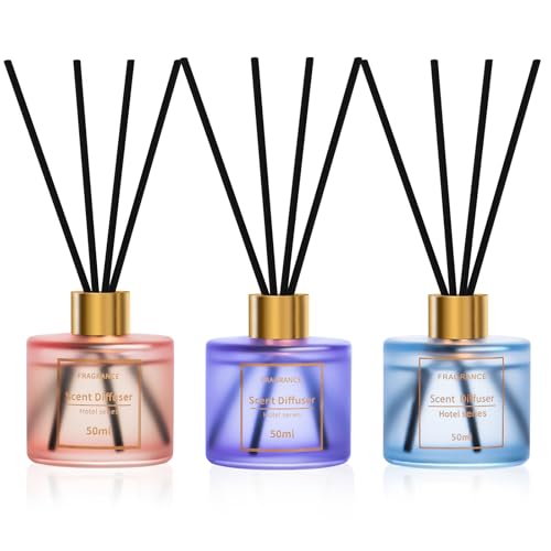 Raumduft Diffuser 3 x 50ml Mit 12 Duftstäbchen,Pfirsich-Oolong/Birne Freesie/Shangri-la,Natürlich,Langanhaltend,Home Duft Reed Diffusor Lufterfrischer für Schlafzimmer Büro Badezimmer Regal Dekor von DIUFJAG
