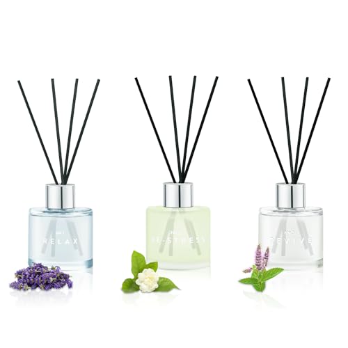 Raumduft Reed Diffuser 3 x 50ml Mit 12 Duftstäbchen,Lavendel Geranie/Jasmin Weißer Tee/Patschuli,Langanhaltend,Raumdüfte Home Duft Lufterfrischer für Schlafzimmer Büro Badezimmer Regal Dekor von DIUFJAG