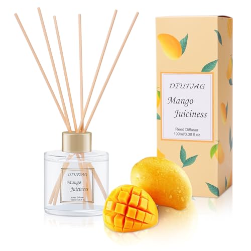 Raumduft Schlafzimmer Mit 6 Duftstäbchen 100ml - Mango,Aromatherapie Diffusor,Natürlich,Langanhaltend,Home Duft Reed Diffuser Lufterfrischer für Büro Badezimmer Regal Dekor von DIUFJAG