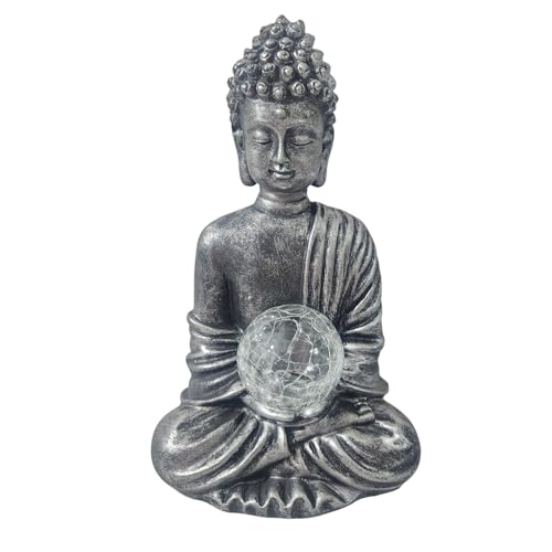 DIVAS SPIRITUAL Meditierender Buddha Solar Licht 25cm Harz Statue - Outdoor Garten Ornament Dekofigur mit Crackle Glaskugel Zen Stil von DIVAS SPIRITUAL