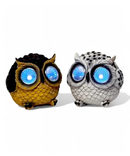 DIVAS SPIRITUAL Solar Eule Garten Ornamente 2 Stück Outdoor Deko LED Licht Eulen 8cm Weiß & Braun von DIVAS SPIRITUAL