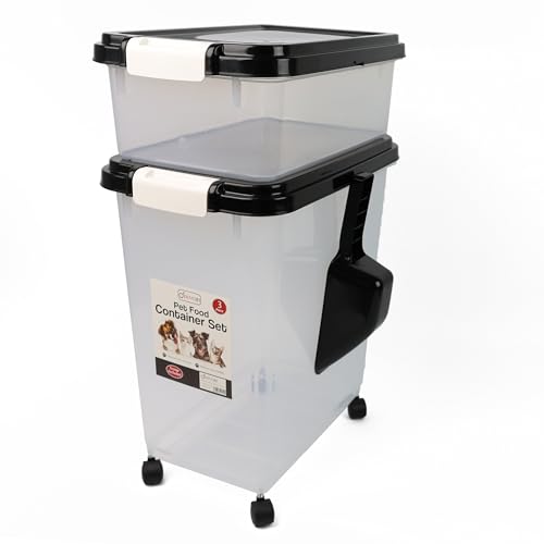 DIVCHI 3-teiliger luftdichter Tierfutter-Aufbewahrungsbehälter mit Kunststoff-Messschaufel, Leckerlis für Haustier, Hund, Katze, Tier, Trockenfutterspender mit Rollen, Schwarz von DIVCHI