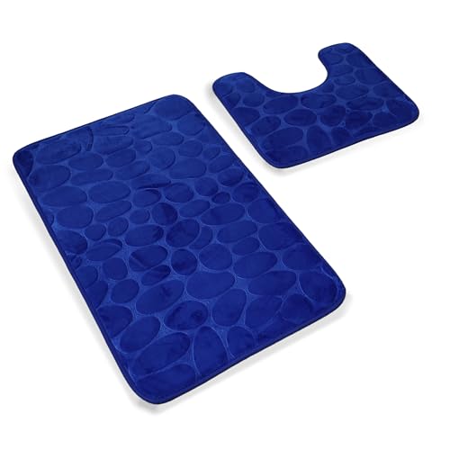 DIVCHI Rutschfestes Badematten-Set – 2-teiliges verdicktes Badezimmermatten-Set – extra saugfähige Badematte aus 100 % Memory-Schaum (80 x 50 cm) und WC-Vorleger (50 x 40 cm, U-Form) (Marineblau) von DIVCHI