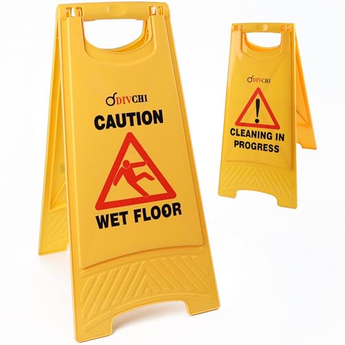 DIVCHI Warnschild "Caution Wet Floor", Gelb – Reinigung in Progress Bodenschild auf der anderen Seite bedruckt – Mini-Nassboden-Schild, ideal für gewerbliche Nutzung von DIVCHI