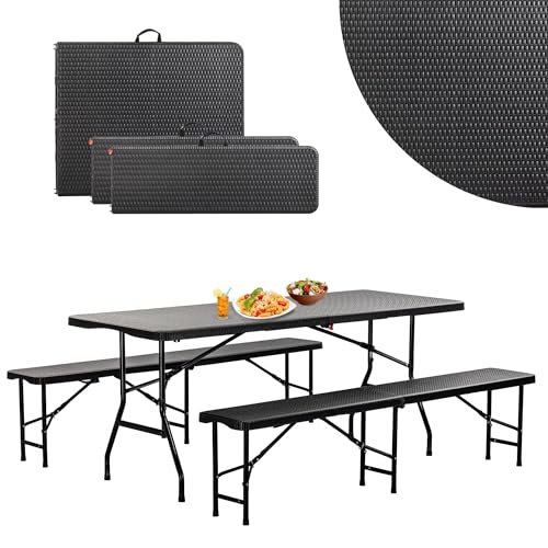 DIVID® Bierzeltgarnitur 3-teilges Set|Tisch u. 2 Bänke|Für drinnen und draußen|klappbar mit Tragegriffe|HxBxT: 73x180x75cm|Gartentisch - Buffettisch - Leicht zu Transportieren (DIV-201/RATTAN Set) von DIVID