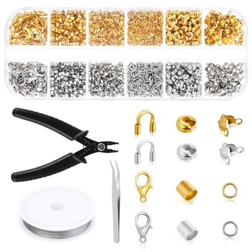 1200stk Quetschperlen Set, Karabinerverschlüsse, Crimp Perlen Set, Quetschröhrchen Tube Crimp Perlen Karabinerverschlüsse mit 6 Zubehörteilen für Schmuckherstellung (Silber, Gold) von DIVINA VITAE