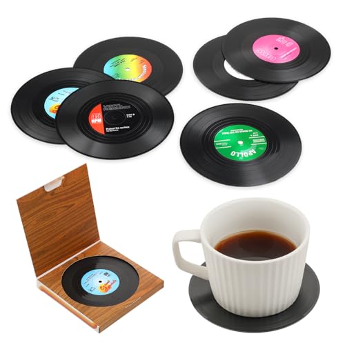 6 Teilig Schallplatten Deko Untersetzer Set Vinyl Schallplatten Coasters Tasse Matte rutschfeste Isolierte Kaffee Getränke Matte Retro-Coasters Für Musik Dekoration Barglas Tassen Wohnungs Zubehör von DIVINA VITAE