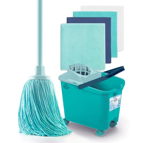 Divine Genius Blue Dolphin – Wischmopp mit klappbarem Stiel und Eimer mit Rollen Plus 4 recycelte Mikrofasertücher – Nachhaltiges Reinigungsset für Zuhause, Böden und alle Oberflächen von DIVINE GENIUS
