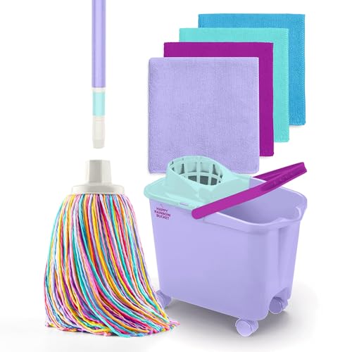 Happy Rainbow - Wischmopp mit zusammenklappbarem Stiel Eimer mit Rädern und 4 Tüchern aus recycelter Mikrofaser Set für nachhaltige Reinigung für Zuhause Böden und alle Arten von Oberflächen Happy Rainbow - Wischmopp mit zusammenklappbarem Stiel Eimer mit Rädern und 4 Tüchern aus recycelter Mikrofaser Set für nachhaltige Reinigung für Zuhause Böden und alle Arten von Oberflächen von DIVINE GENIUS
