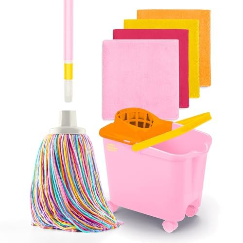 Happy Rainbow - Wischmopp mit zusammenklappbarem Stiel Eimer mit Rollen und 4 Tüchern aus recycelter Mikrofaser Set für nachhaltige Reinigung für Zuhause Böden und alle Arten von Oberflächen von DIVINE GENIUS