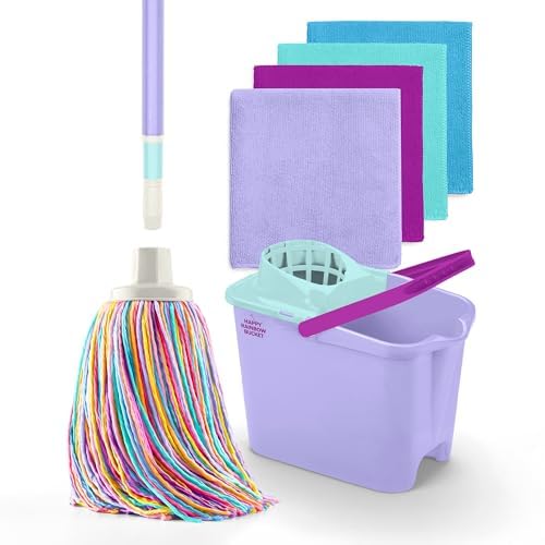 Happy Rainbow - Wischmopp mit zusammenklappbarem Stiel Eimer und 4 Tüchern aus recycelter Mikrofaser Set für nachhaltige Reinigung für Zuhause Böden und alle Arten von Oberflächen von DIVINE GENIUS
