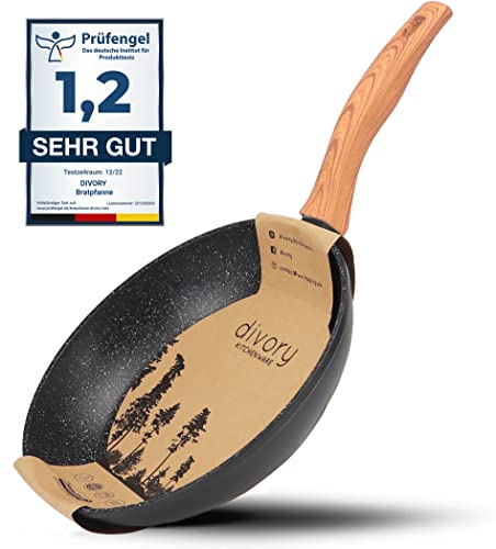 DIVORY Bratpfanne 32cm Induktion – Antihaft Beschichtete große Universalpfanne für alle Herdarten - Sichere Griffe, Spülmaschinen geeignet (Helles Holz, 32cm) von DIVORY