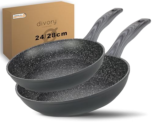 DIVORY Pfannenset 2-teilig Pfanne 24cm, 28cm Induktion – Antihaft Beschichtete große Universalpfanne für alle Herdarten - Sichere Griffe, Spülmaschinen geeignet (Griff: Graue Holzoptik) von DIVORY