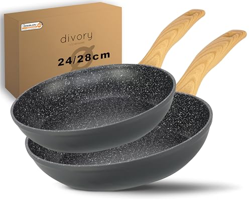 DIVORY Pfannenset 2-teilig Pfanne 24cm, 28cm Induktion – Antihaft Beschichtete große Universalpfanne für alle Herdarten - Sichere Griffe, Spülmaschinen geeignet (Griff: Helle Holzoptik) von DIVORY