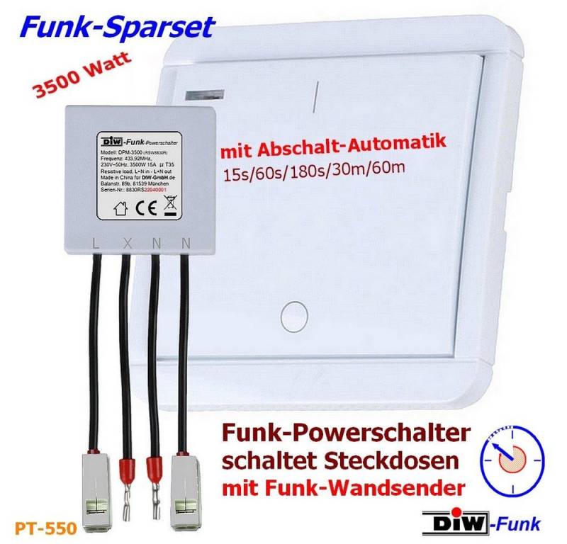DIW-Funk Licht-Funksteuerung PT-550 DIW-Funk Timer SPARSET Powermodul 3500Watt + Wandsender mit 5-f, 1 Schaltkontakte, Komplettset, 1-tlg., Einbauempfänger + Wandsender, komplettes Set, funktioniert mit allen Geräten der DIW-Funk Serie von DIW-Funk