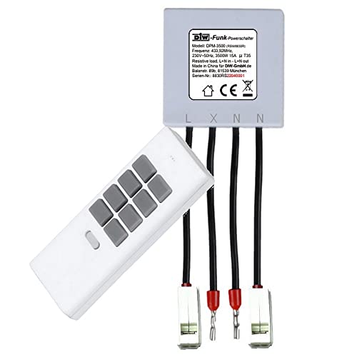 DIW-Funk PS-552: SPARSET Funkschalter Power-Modul DPM-3500 oft zum Einbau hinter Steckdosen, hohe Leistung bis 3500 Watt, 8 Sender-Speicher, im Set mit 12-Kanal Handsender DHS-12 von DIW-Funk