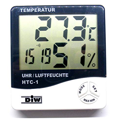 Digitales Thermometer und Hygrometer mit Uhrzeitanzeige und Alarmfunktion, sowie Max.-/Min.-Speicher für Temperatur und Luftfeuchte! Humidity-Temperature-Center HTC von DIW