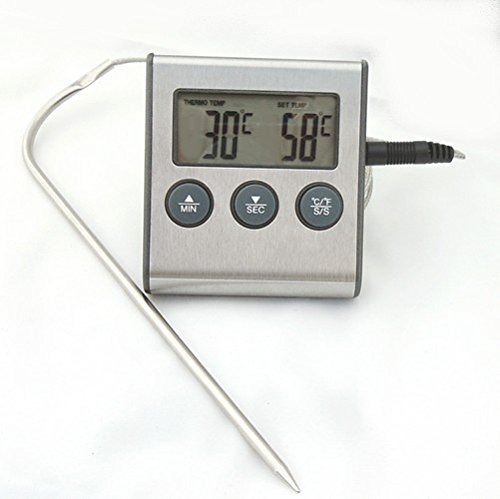 elektronisches Einstich-Bratenthermometer ET921 Fleischthermometer, 2-teilig, bis 250°C hitzefestes Sensorkabel, Timer bis 99Min.99Sek, silber von DIW