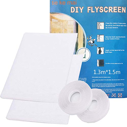 2 Stück Insektenschutz Fenster Fliegengitter DIY Zuschneidbar, Upgrade Window Insektenbildschirm Mesh Net mit 2 Selbstklebendem Klettband für Fenster in Weiß (130 x 150 cm) von DIWUJI