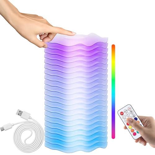 LED Nachtlicht, Touch Tischlampe mit Fernbedienung, 8 Helligkeitsstufen Warmweiß & RGB-Farbwechsel, Eingebaute Wiederaufladbare Batterie, Wellen-Design Nachttischlampe für Kinderzimmer und Wohnzimmer von DIWUJI