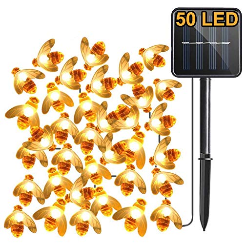 Solar Gartenlichter, Aktualisierung 7M 50LED Biene, 8 Modi Lichterkette, IP65 Wasserdicht Außenbeleuchtung, Solarbetrieben Beleuchtung zum Haus, Patio, Zaun, Party, Weihnachten, Baum (Warmweiß) von DIWUJI