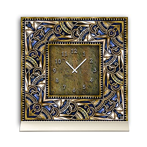 dixtime Tischuhr 30cmx30cm inkl. Alu-Ständer -antikes Design Vintage Fliesenmuster Gold blau geräuschloses Quarzuhrwerk -Wanduhr-Standuhr TU4104 von dixtime