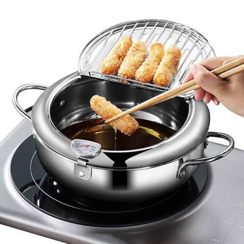 Fritteusentopf – Japanischer Tempura, kleiner Edelstahl-Topf mit Thermometer, Deckel und Abtropfgestell für Pommes Frites, Hühnerflügel und Garnelen (24 cm) von DIY HOME