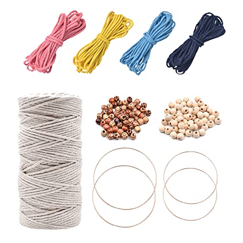 100 m Makramee-Kordel-Set 3 mm, handgefertigtes Traumfänger-Bastelset mit 100 Stück Holzbohnen, 4 Stück Ringen, 4 Stück Coloful-Schnüren, Makramee-Bastelset für DIY-Pflanzenaufhänger, Basteln von DIYARTS