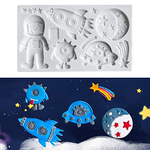 DIYBravo Silikonformen Fondant Formen Raumschiff Ausländer Astronaut Meteor Mond für Kuchen Dekoration, Backform Schokoladenformen für Cupcake Topper Bonbon Gelee (Fondant Formen Raumschiff) von DIYBravo