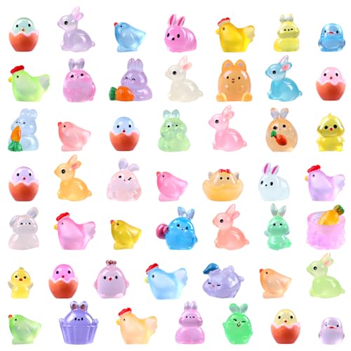 DTYDECLE 50 Stück Mini Leuchtende Figuren Osten, Osterhasen Figuren Hase Deko Harz Leuchten Miniatur Kaninchen für Ostern Party Geschenke Garten Deko von DTYDECLE