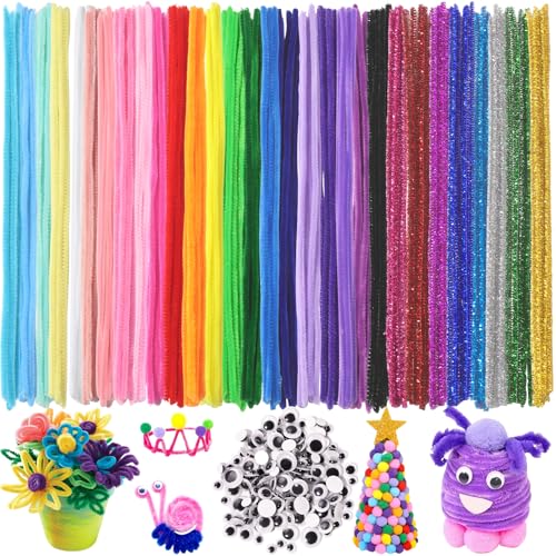 DIYDEC 730 Stück Kunst Pfeifenputzer zum Basteln, 30 Farben Bunte Selbstklebend Pfeifenreiniger Chenilledraht mit Wackelaugen Filzbälle für DIY Basteln und Dekorieren von DIYDEC