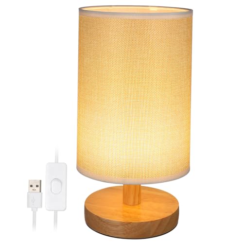 DIYEAH LED Nachttischlampe mit Knopfschalter Retro Tischlampe aus Massivholz mit Leinenlampenschirm Warme Beleuchtung für Schlafzimmer USB frei Stilvolle Ambientelampe für Wohn von DIYEAH