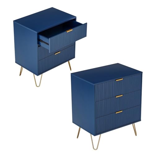DIYHOM 2er Set Kommode mit 3 Schubladen, Nachttisch Bedside Table, Schrank Nachtkästchen Sideboard, Komodenschrank für Schlafzimmer Wohnzimmer, 60x40x70 cm, Blau von DIYHOM