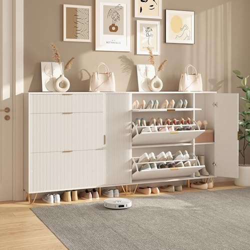 DIYHOM 2er Set Schuhschrank mit 2 Klappen und 2 Türen, Weiß Schuhregal Schuhkipper Schmal, Anti-Kipp-Vorrichtung, für Eingangsbereich, Flur, 110 x 24 x 114.5 cm von DIYHOM