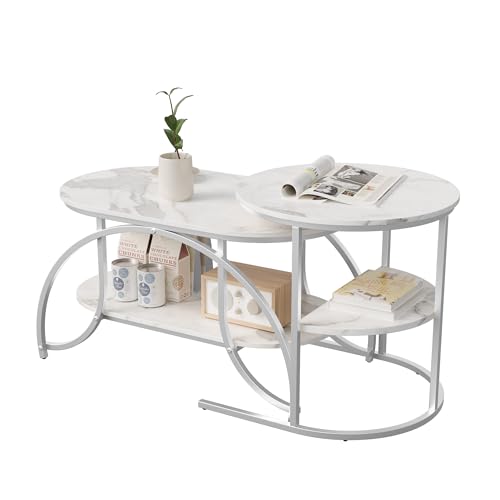 DIYHOM Couchtisch 2er Set, Rund und Oval Beistelltisch mit Stauraum, Marmor Optik, Metallrahmen Wohnzimmertisch Satztische Sofatisch Kaffeetisch,Weiß & Silber DIYHOM Couchtisch 2er Set, Rund und Oval Beistelltisch mit Stauraum, Marmor Optik, Metallrahmen Wohnzimmertisch Satztische Sofatisch Kaffeetisch,Weiß & Silber von DIYHOM
