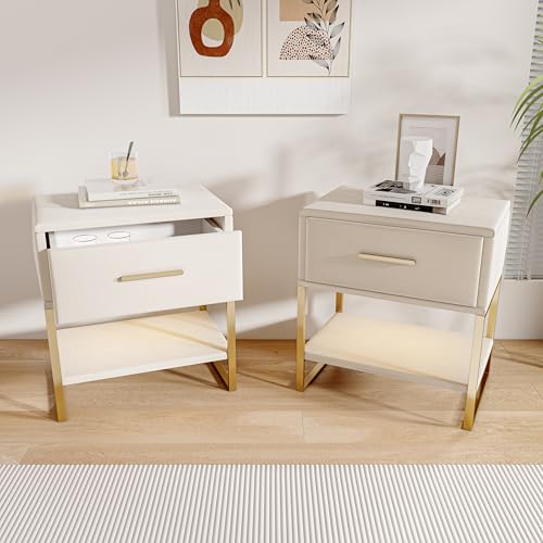 DIYHOM Nachttisch 2er Set, Nachtschrank mit 1 Schubladen und LED-Beleuchtung, Sofatisch Beistelltisch für Wohnzimmer Schlafzimmer, Samt, PU, 40 x 31 x 50cm von DIYHOM