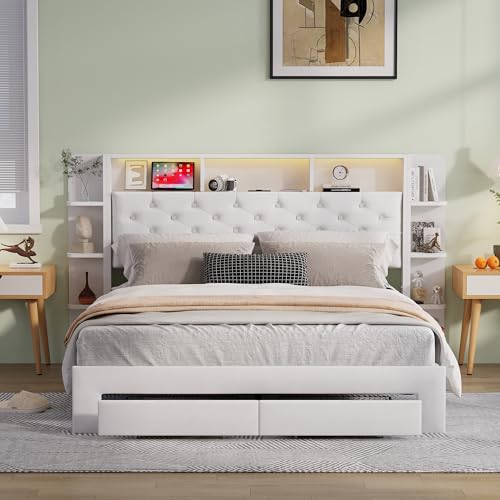 DIYHOM Polsterbett 140x200 cm mit 2 Schubladen, Doppelbett Stauraumbett mit LED-Beleuchtung, Kopfteil mit Stauraum Regale, Weiß, Ohne Matratze DIYHOM Polsterbett 140x200 cm mit 2 Schubladen, Doppelbett Stauraumbett mit LED-Beleuchtung, Kopfteil mit Stauraum Regale, Weiß, Ohne Matratze von DIYHOM