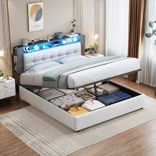 DIYHOM Polsterbett 140x200 cm mit LED-Beleuchtung, Gepolstertes Kopfteil mit Staufächern aus Holz, Hydraulisches Stauraumbett, ohne Matratze, Samt, Beige DIYHOM Polsterbett 140x200 cm mit LED-Beleuchtung, Gepolstertes Kopfteil mit Staufächern aus Holz, Hydraulisches Stauraumbett, ohne Matratze, Samt, Beige von DIYHOM