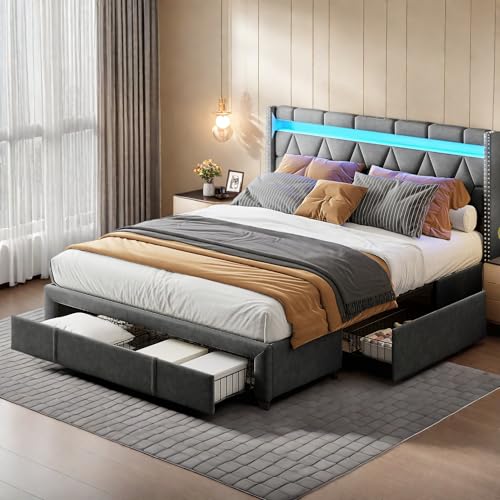 DIYHOM Polsterbett 140x200 cm mit LED-Beleuchtung und 4 Schubladen, Doppelbett Stauraumbett, Kopfteil mit USB-Ladeanschlüssen, ohne Matratze, Leinen, Grau von DIYHOM