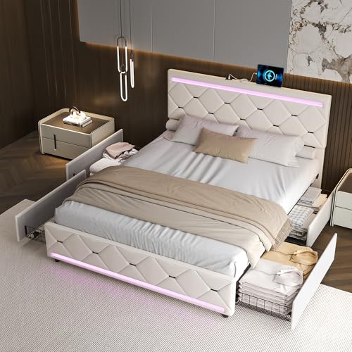 DIYHOM Polsterbett 140x200 cm mit Stauraum, Stauraumbett mit 4 Schubladen, Doppelbett mit LED und USB-Ladefunktion, Bettgestell it Kopfteil und Lattenrost, Ohne Matratze, Beige von DIYHOM